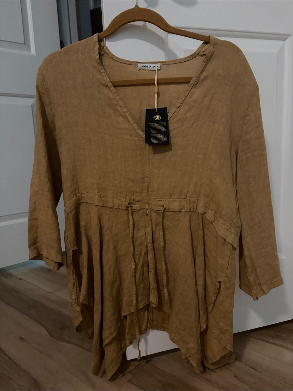 Tan Linen V-Neck Peplum Tunic